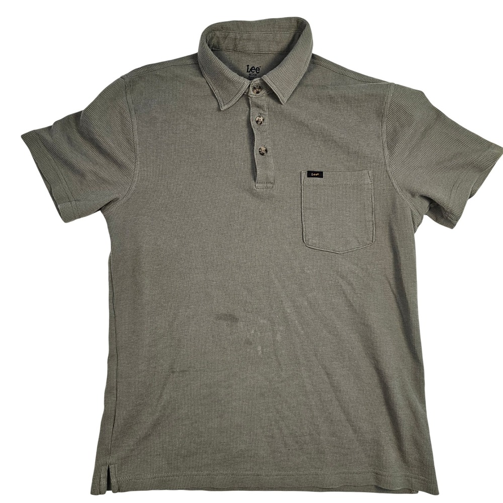 Lee Mens Waffle Knit Polo‎ Shirt Medium Regular Fit Short Sleeve Pocket Green